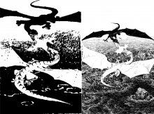 Пример сравнения сходных по сюжету иллюстраций к «Волшебнику Земноморья из комплекта к публикации в журнале «Наука и Жизнь» (1991 г.) и неиздававшейся подборки